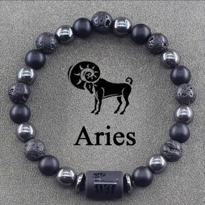 NEW ARIES Black and Gray Natural Stone‎ Unisex Zodiac Beaded Bracelet